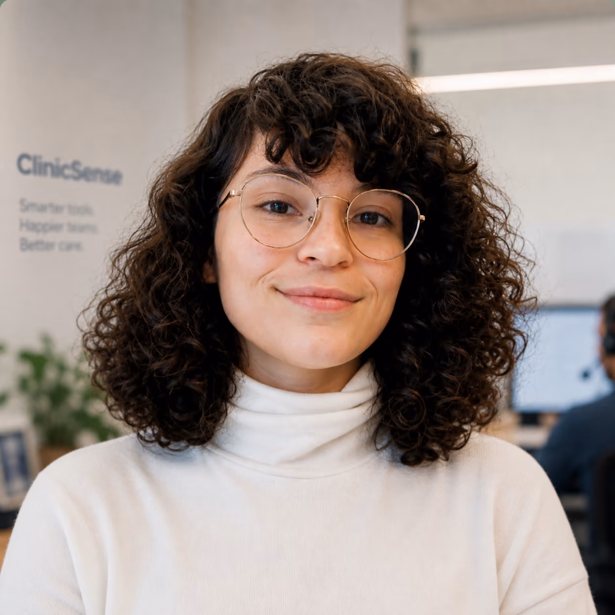 Portrait of a smiling ClinicSense team member with curly hair and glasses, ClinicSense branding visible in background.