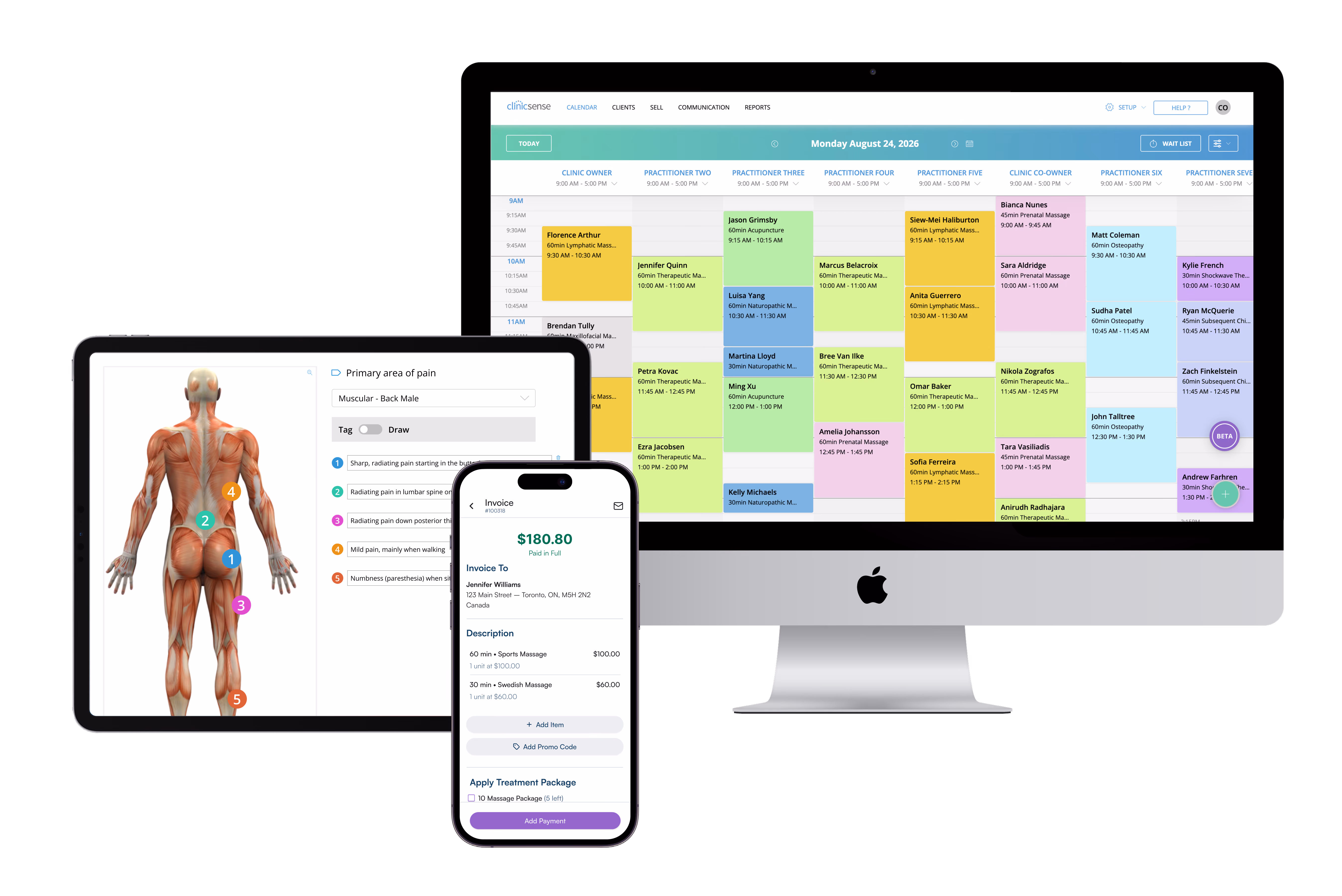 ClinicSense software displayed across desktop, tablet, and mobile devices.