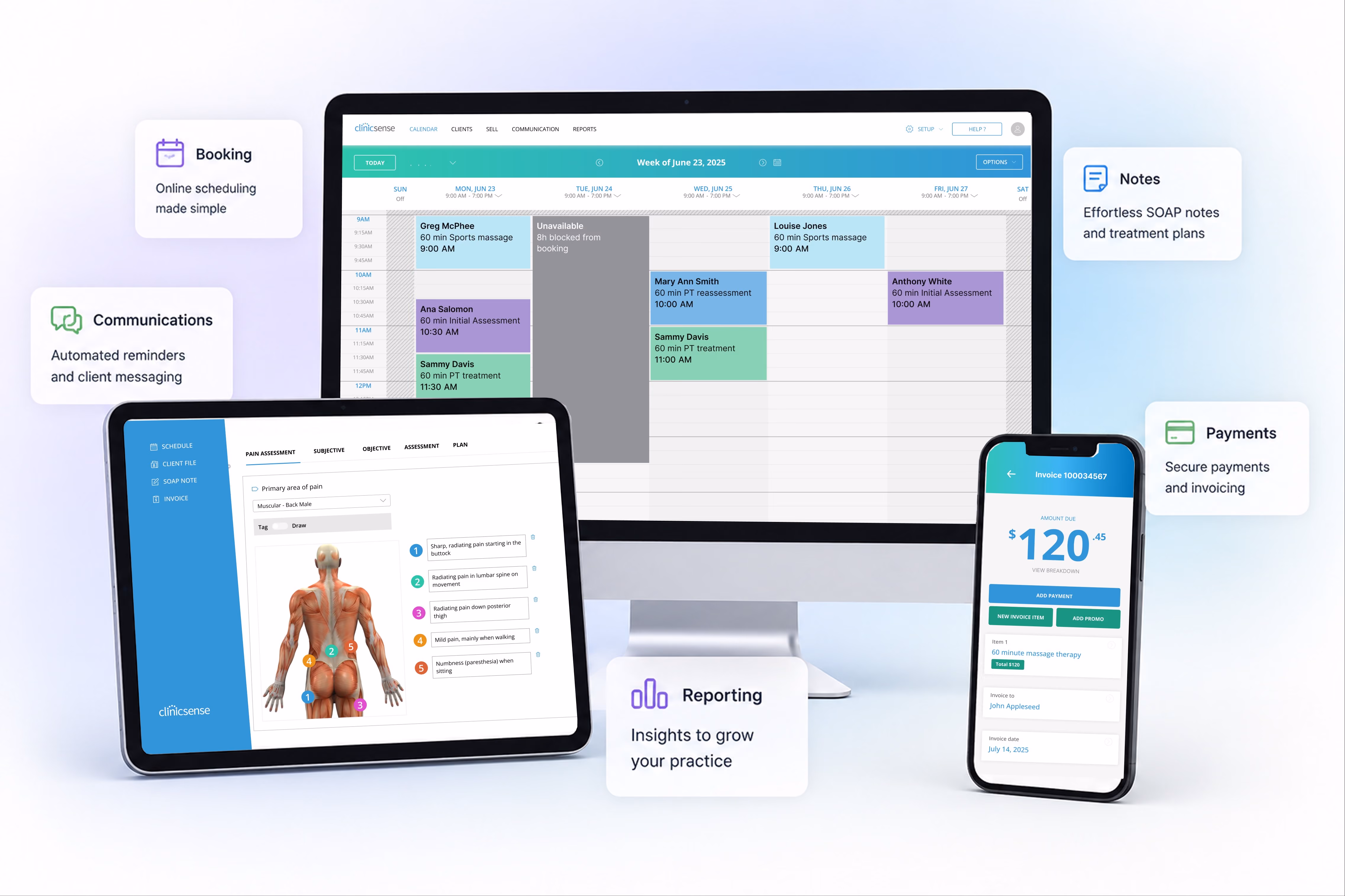 ClinicSense software mockup displayed across multiple devices.