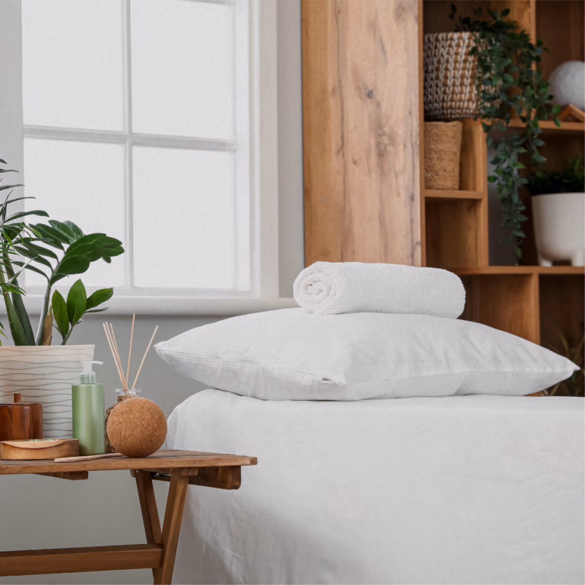 White bed with a pillow and rolled towel in a room with a wooden shelf, potted plants, and a small wooden table holding a pump bottle and reed diffuser.