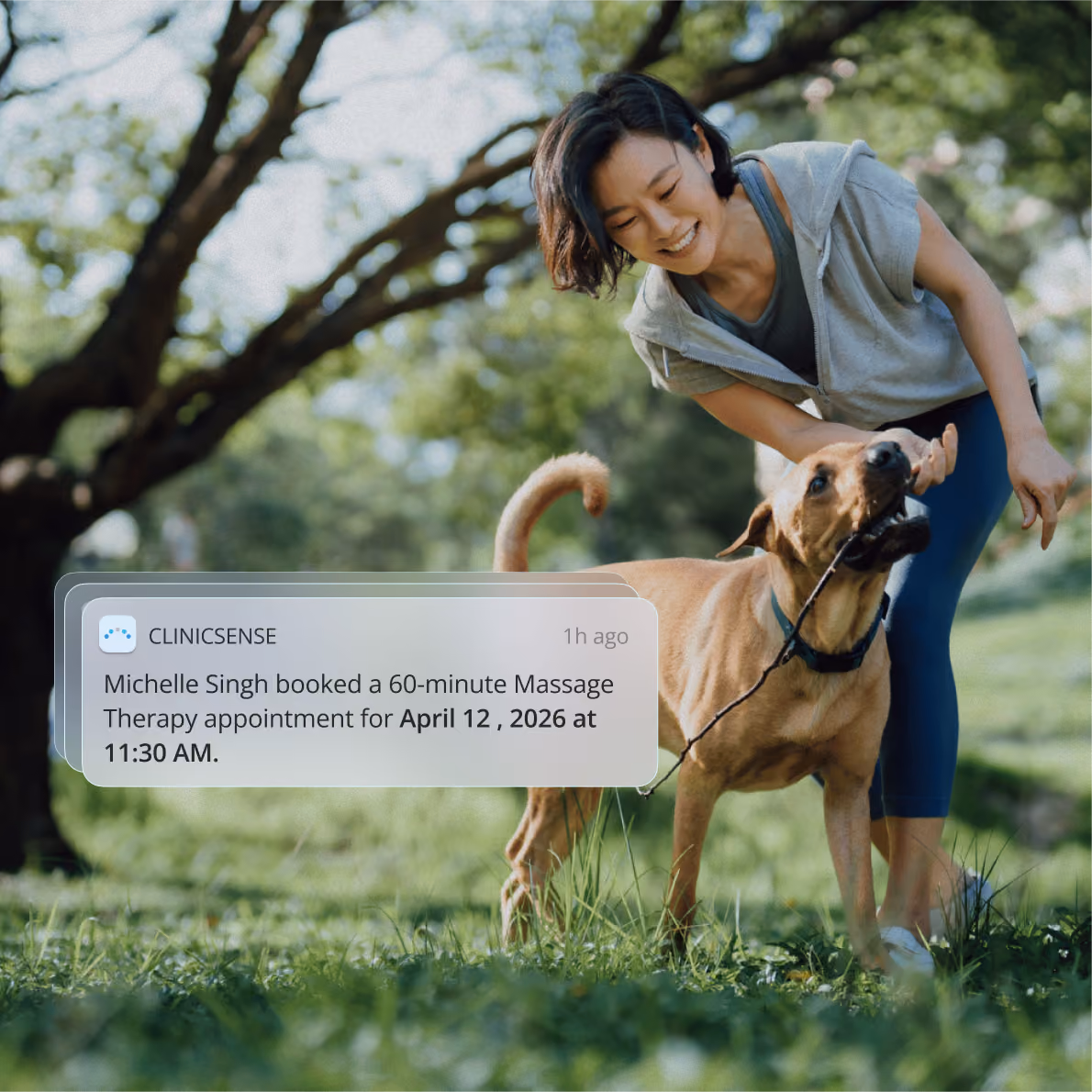 Woman smiling and bending down to play with a tan dog holding a stick in its mouth in a green park with trees in the background.