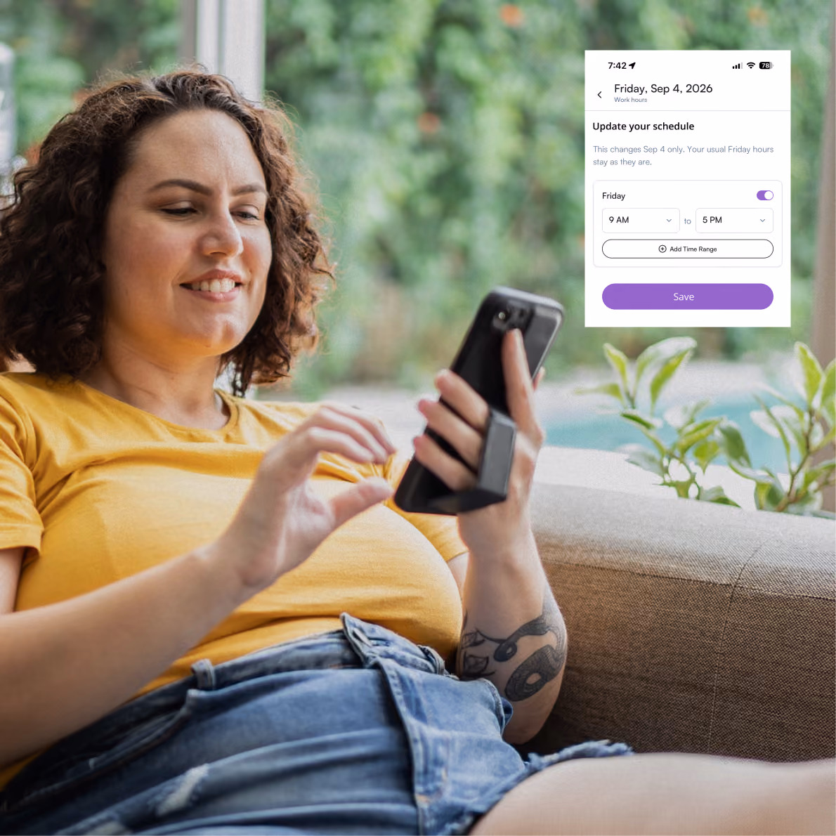 A person with curly hair and a tattoo on their forearm is sitting on a couch, smiling while using a smartphone. A screen overlay shows a scheduling app with options to update work hours for Friday, September 4, 2026, set from 9 AM to 5 PM with a Save button.