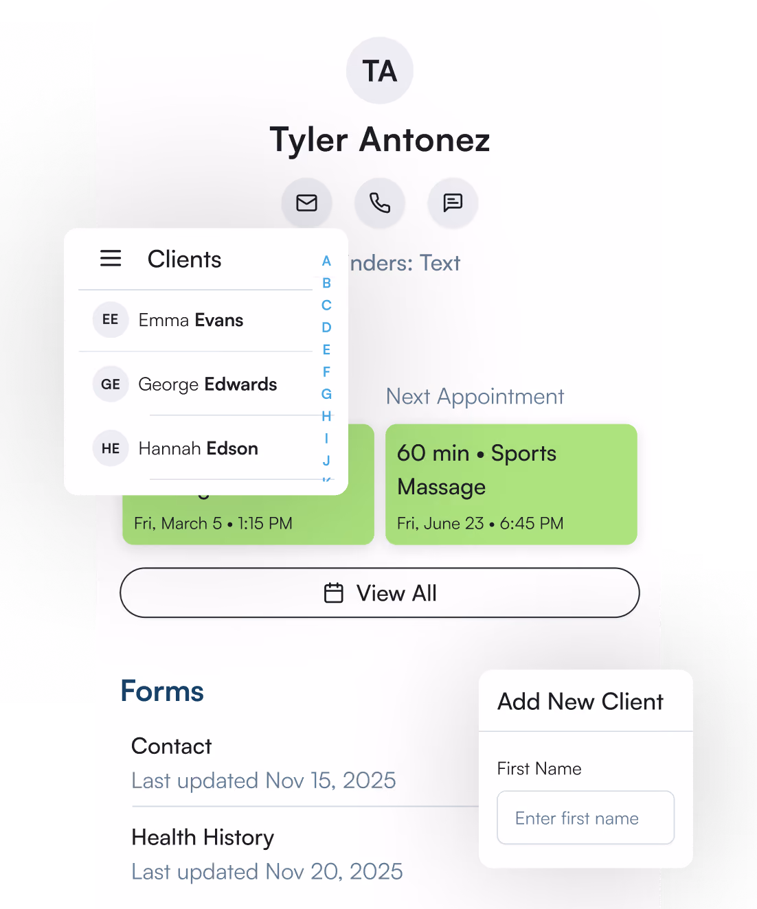 ClinicSense app client profile with contact options, upcoming appointment, and form status.