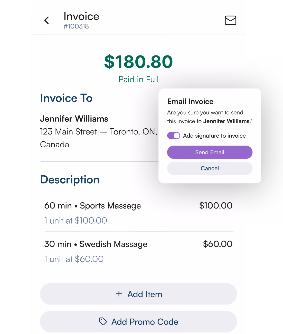 ClinicSense app invoice marked paid in full with an email confirmation dialog.