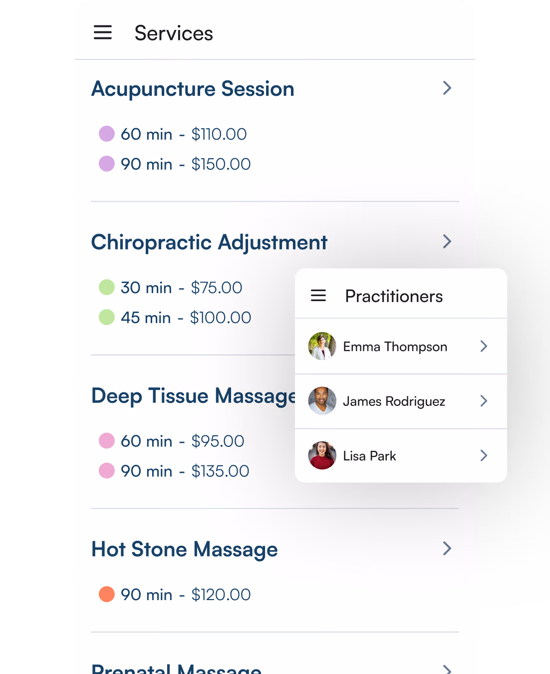 ClinicSense app services list with pricing and a practitioners selection menu.