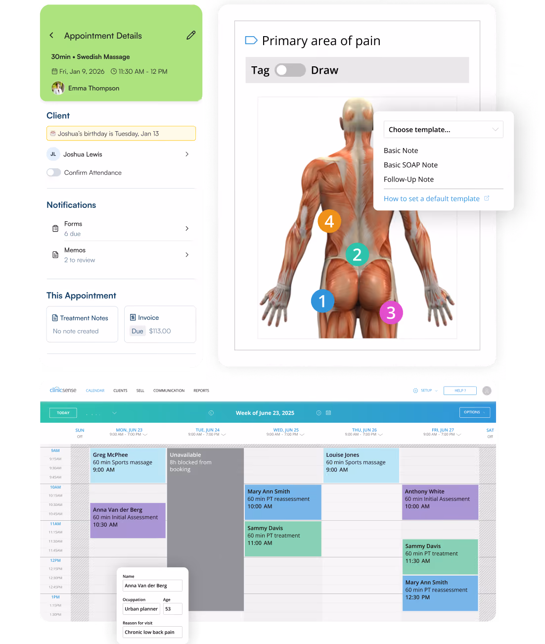 ClinicSense app screens showing appointment details, a pain-area body diagram, and a weekly staff calendar.