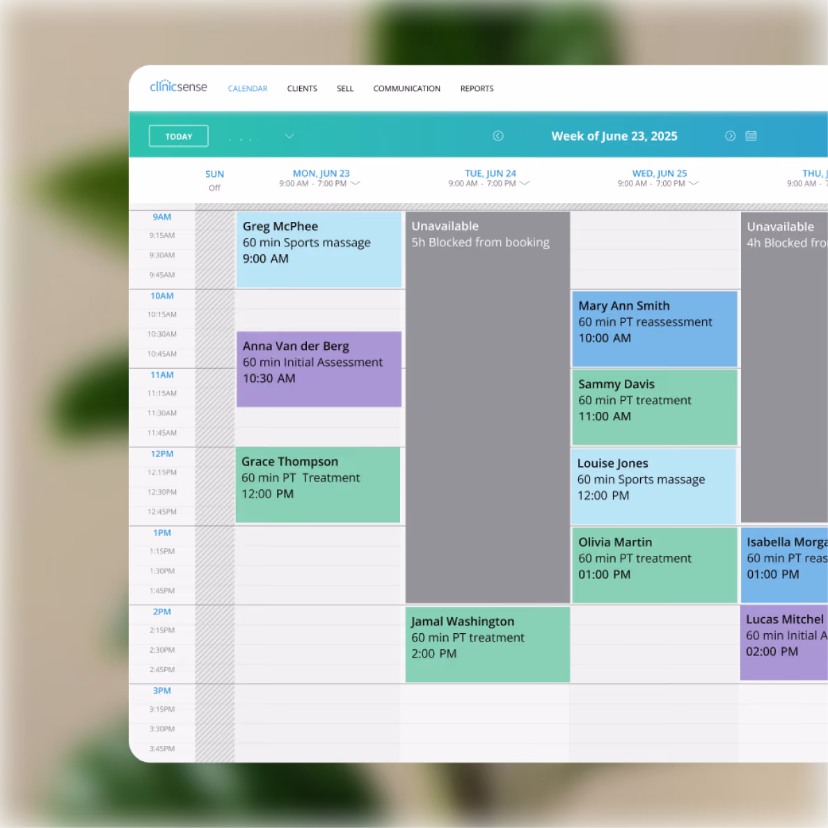 ClinicSense online booking calendar showing appointments from June 23 to June 25, 2025, with individual blocks for client names and treatments: Monday includes Greg McPhee sports massage at 9:00 AM, Anna Van der Berg initial assessment at 10:30 AM, and Grace Thompson PT treatment at 12:00 PM; Tuesday shows 5 hours blocked as unavailable and Jamal Washington PT treatment at 2:00 PM; Wednesday has 4 hours blocked unavailable, Mary Ann Smith PT reassessment at 10:00 AM, Sammy Davis PT treatment at 11:00 AM, Louise Jones sports massage at 12:00 PM, Olivia Martin PT treatment at 1:00 PM, and Lucas Mitchell initial assessment at 2:00 PM.