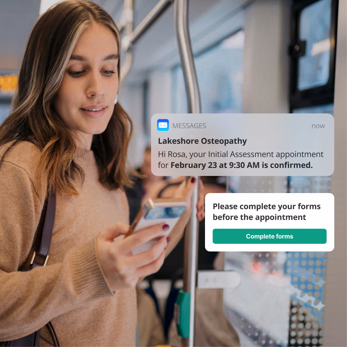 A woman wearing a brown sweater looks at her phone inside a bus or train, with notification overlays showing a text from Lakeshore Osteopathy confirming an appointment for February 23 at 9:30 AM and a reminder to complete forms before the appointment.