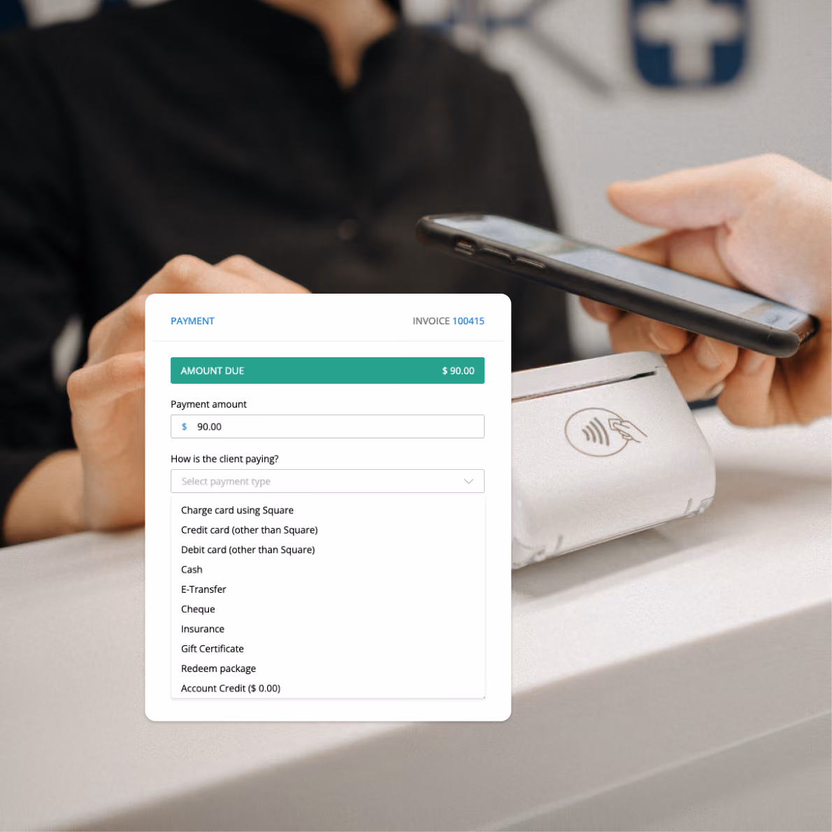 ClinicSense payment screen with payment method options, as a client taps a phone on a card terminal.