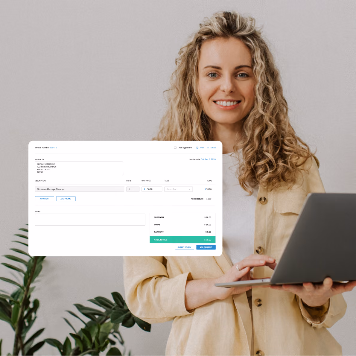 Smiling practitioner holding a laptop next to a ClinicSense invoice with line items and totals.