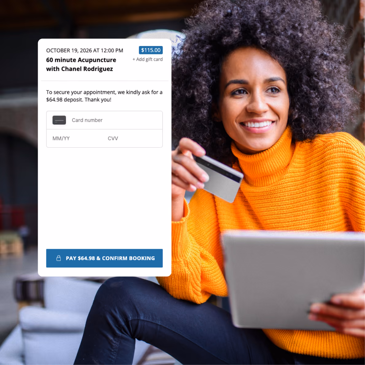 Smiling woman holding a credit card and tablet next to a ClinicSense booking form asking for a deposit to confirm.