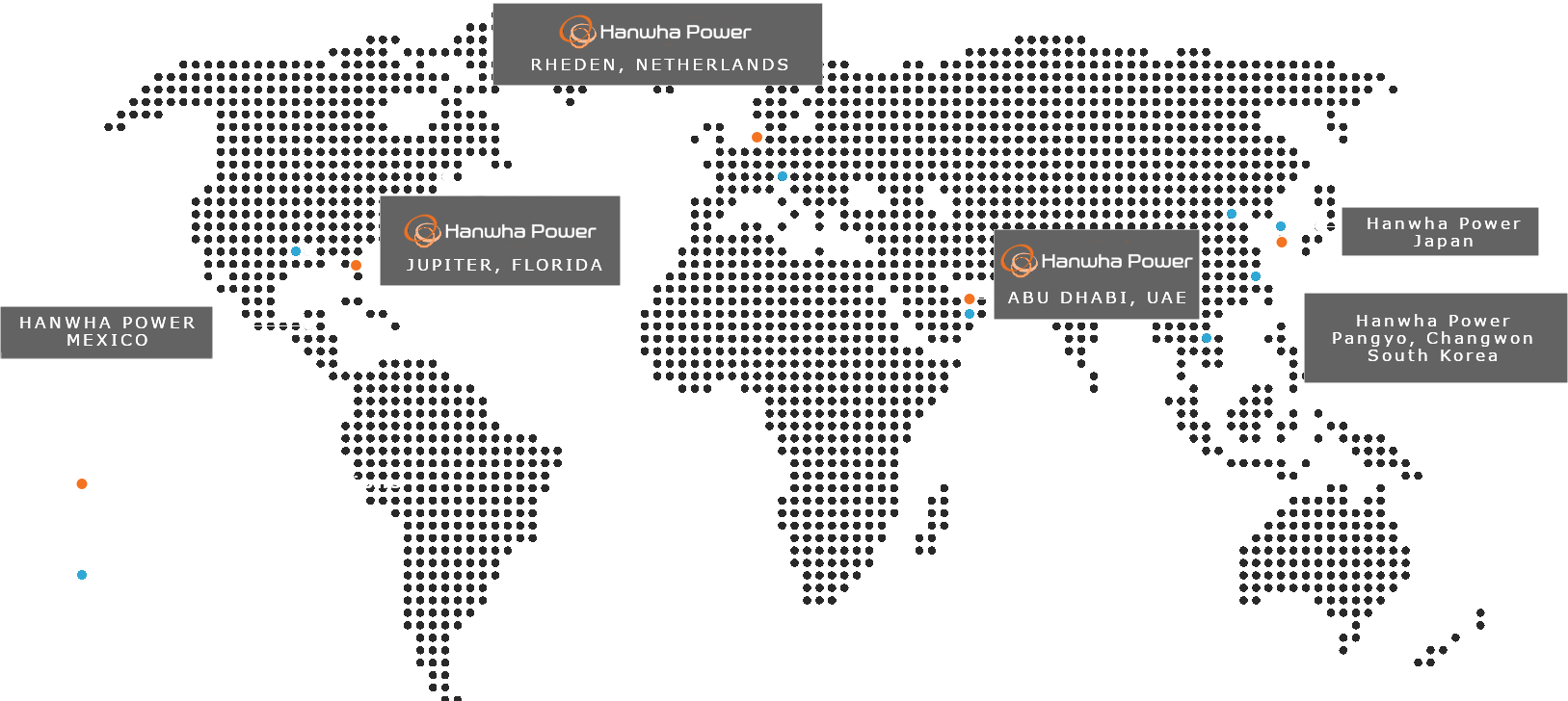 World map showing Hanwha Power locations including gas turbines in Rheden Netherlands, Jupiter Florida, Abu Dhabi UAE, and branches in Mexico, Japan, and South Korea.