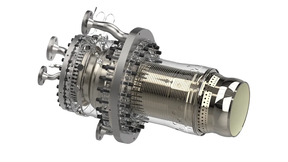 Hanwha Power FlameSheet combustion system cutaway showing trapped vortex stabilization design