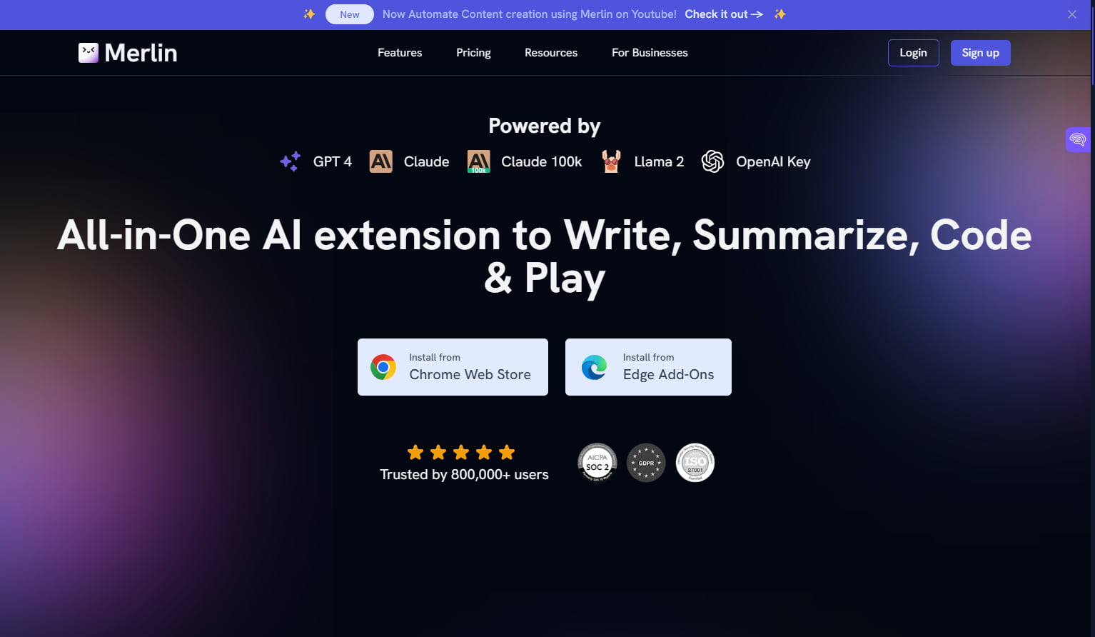 Merlin AI Landing Page