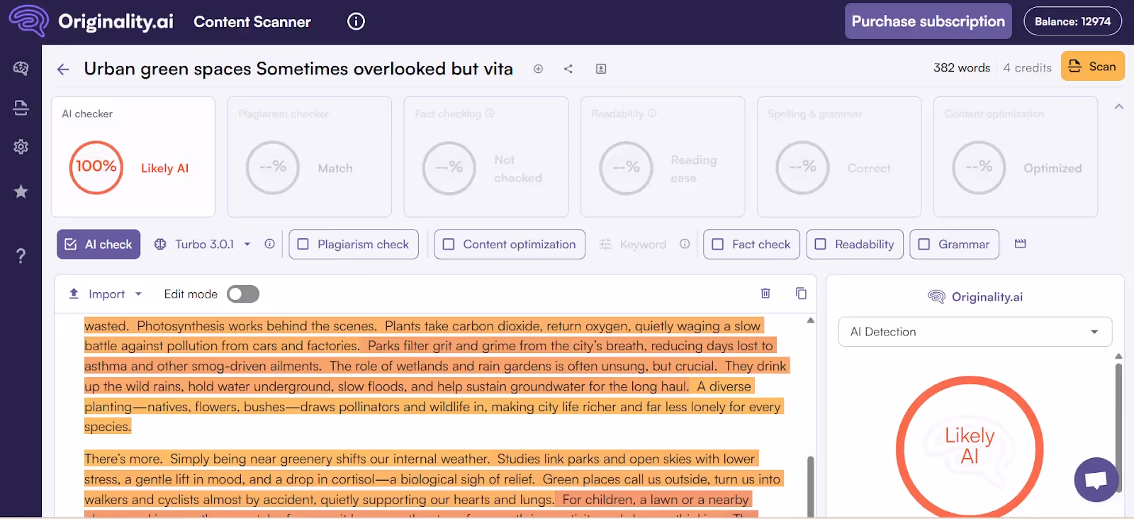 “Humanized” by OneClickHuman: 100% Confidence that the text is Likely AI