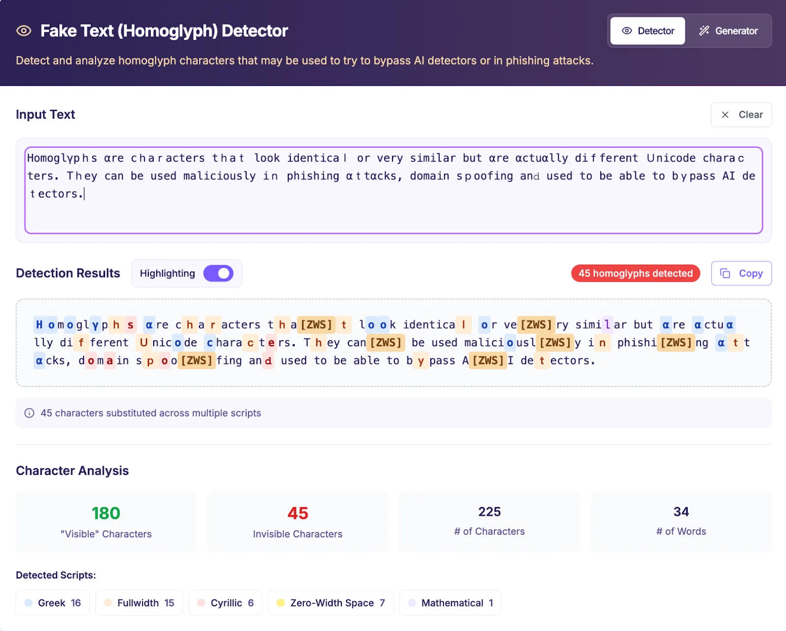 Fake Text (Homoglyph) Detector