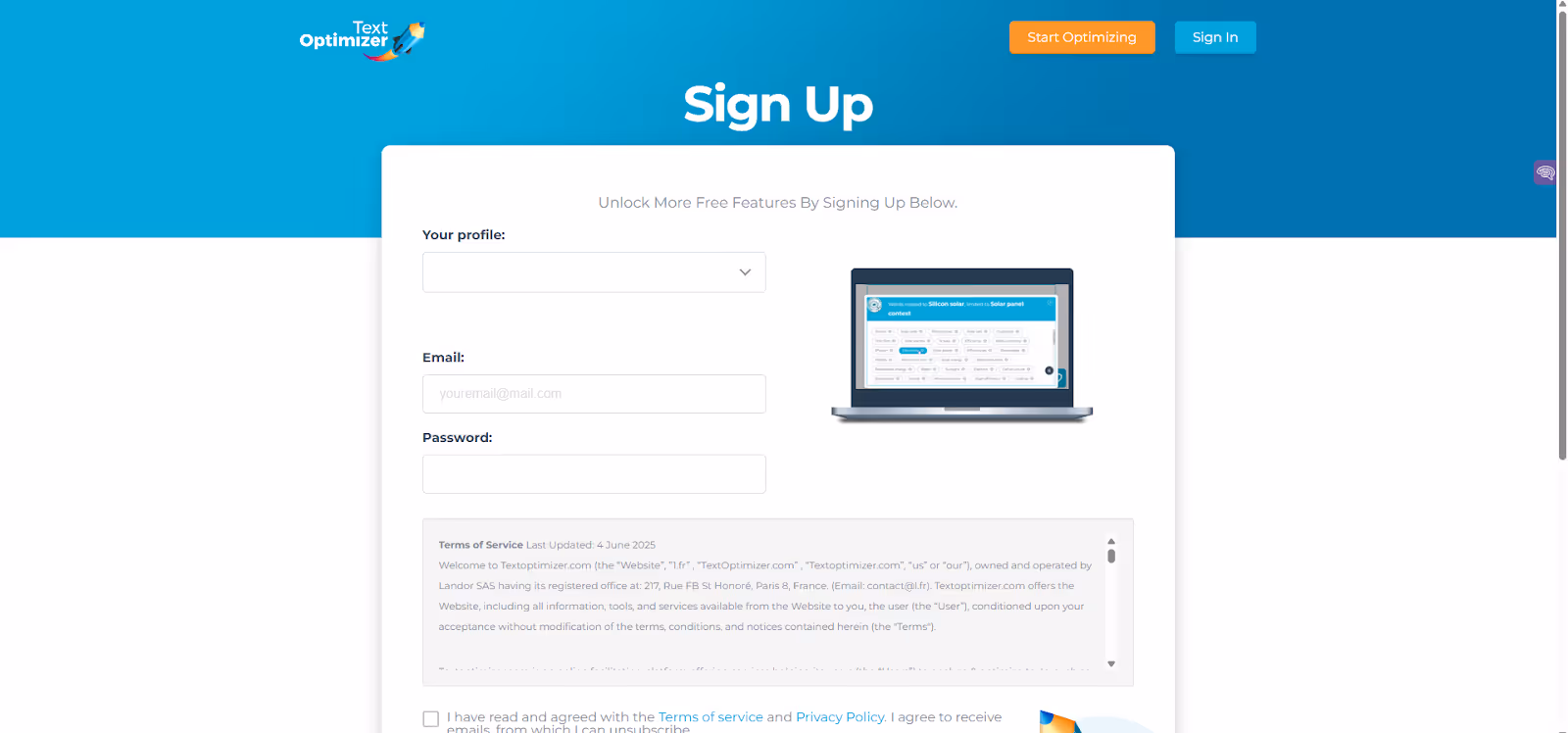 Text Optimizer Tool Sign Up