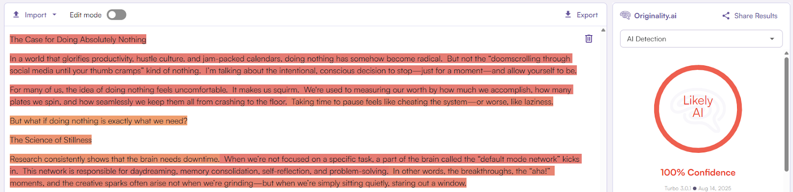 Originality.ai Scan of ChatGPT text