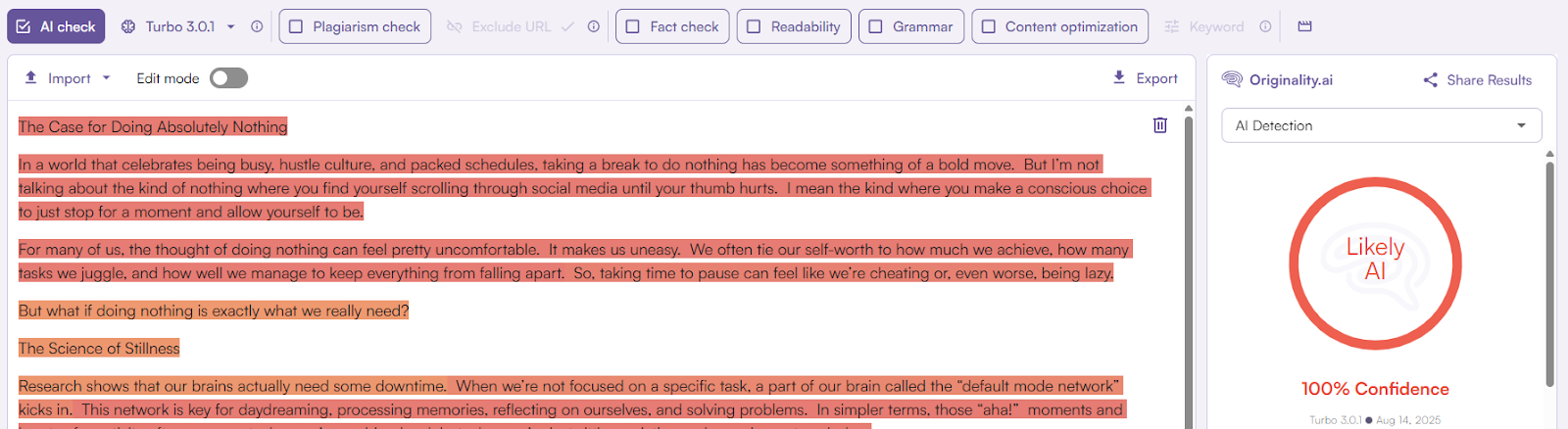 Originality.ai Scan of Siteefy humanized text