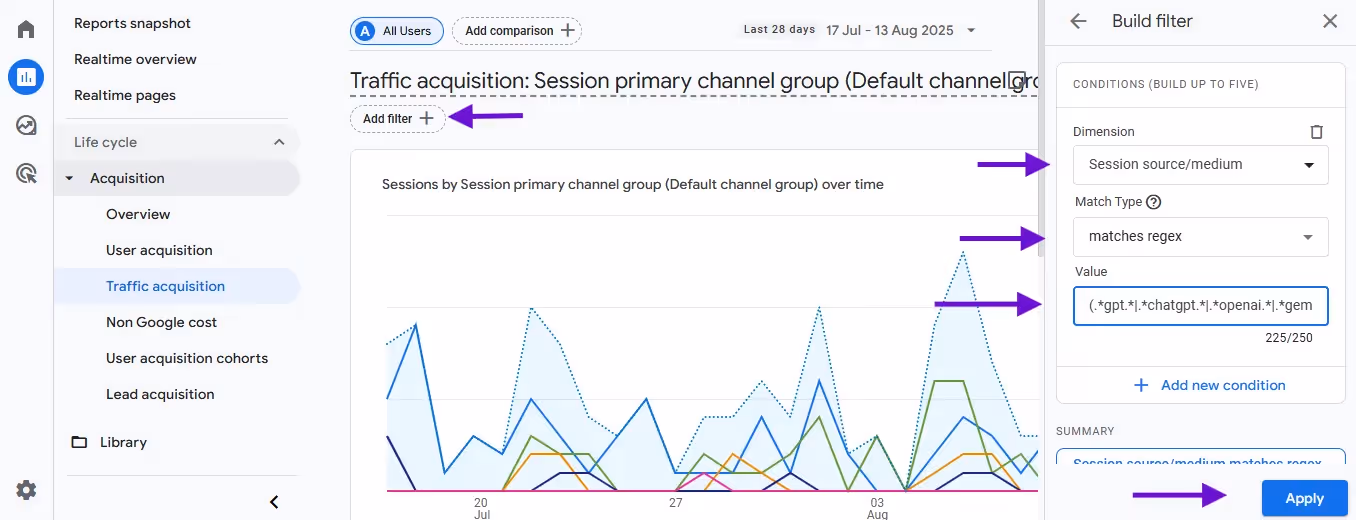 add a filter to identify LLM traffic in GA4