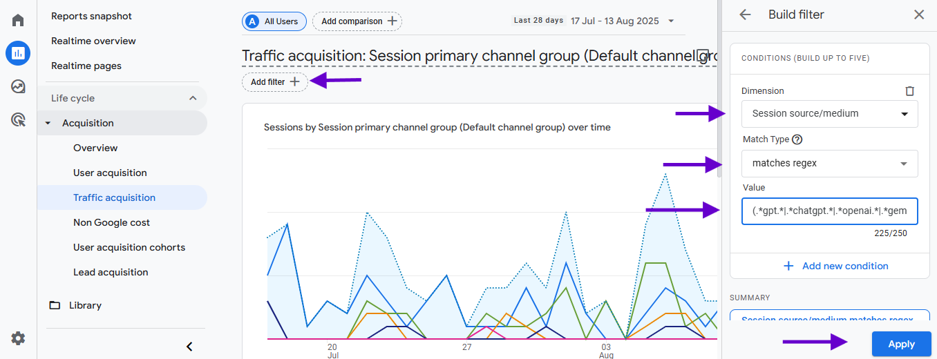 add a filter to identify LLM traffic in GA4