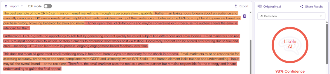 Originality.ai Scan of Humanized Text