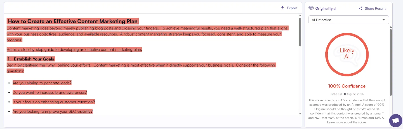 Originality.ai Scan of Docsbot Humanized Text