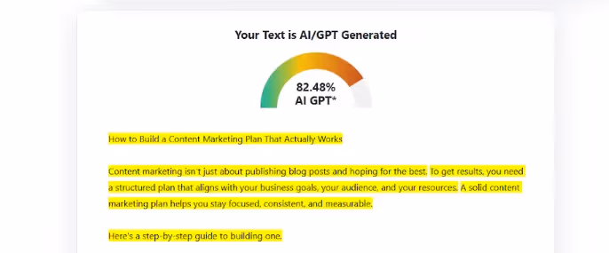 zeroGPT scan of AI-generated text