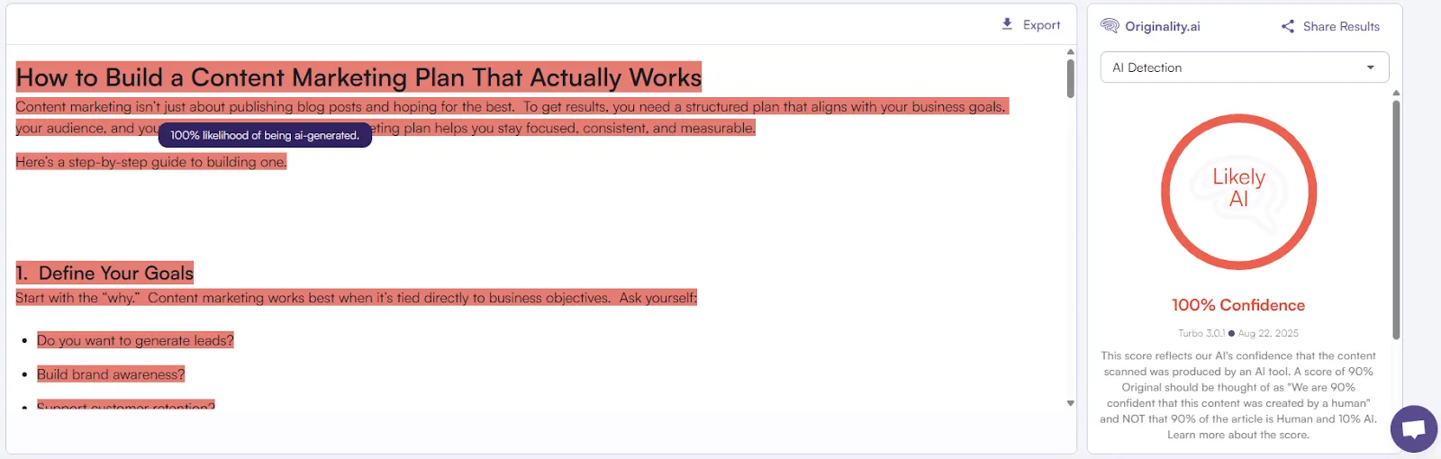 Originality.ai Scan of ChatGPT-generated text