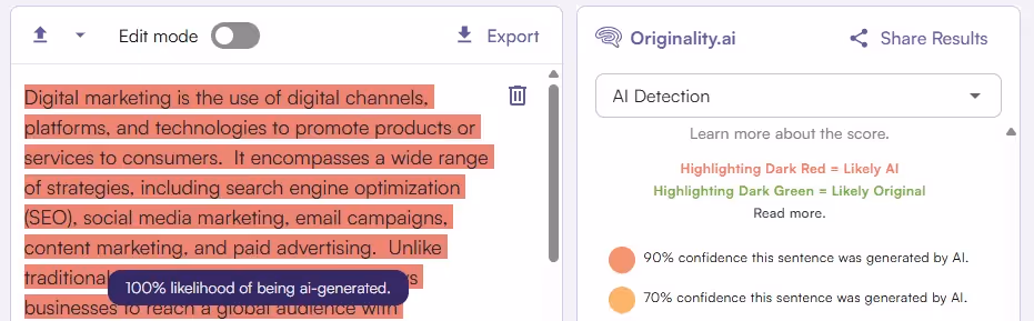 Originality.ai AI Detection score of ChatGPT-generated text