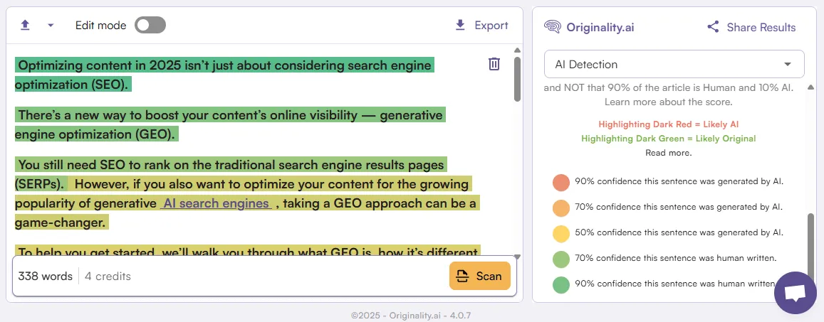 Originality.ai AI Scan of Human-written Text