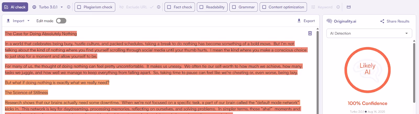 Originality.ai Scan of Siteefy humanized text