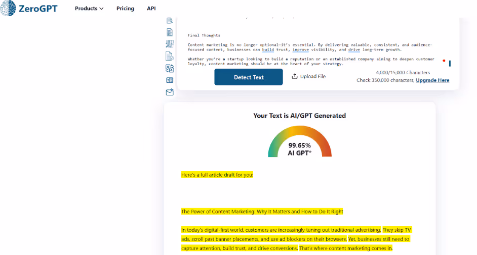 ZeroGPT scan of AI-generated Text