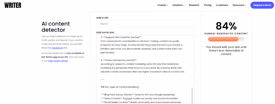 Writer AI Detector Scan of Humanized Text