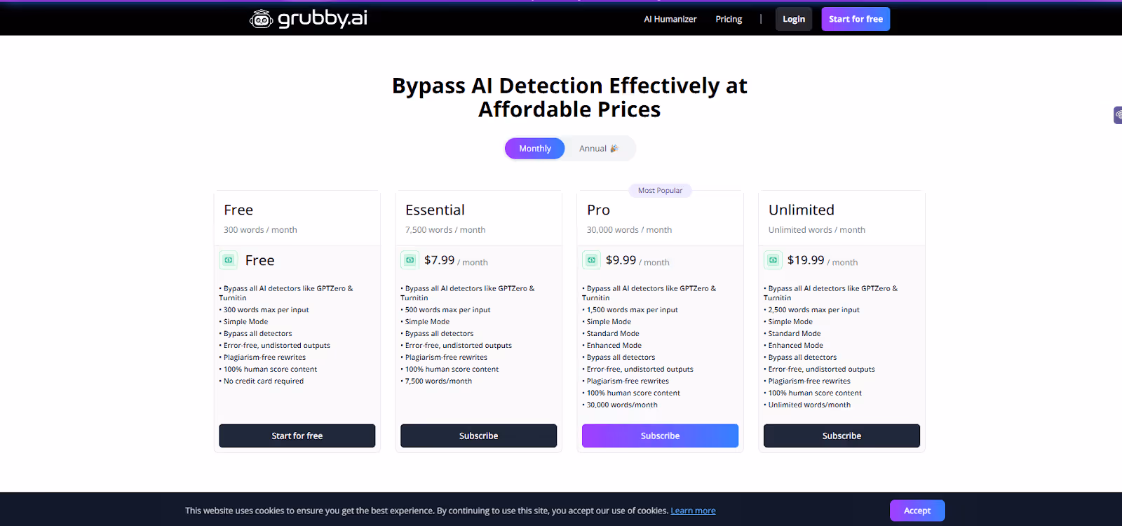 Grubby AI Humanizer Pricing Tiers