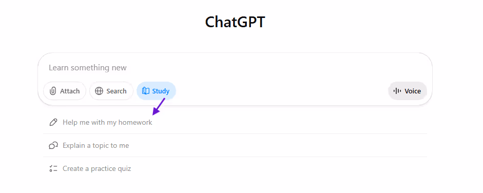 ChatGPT study mode drop-down menu