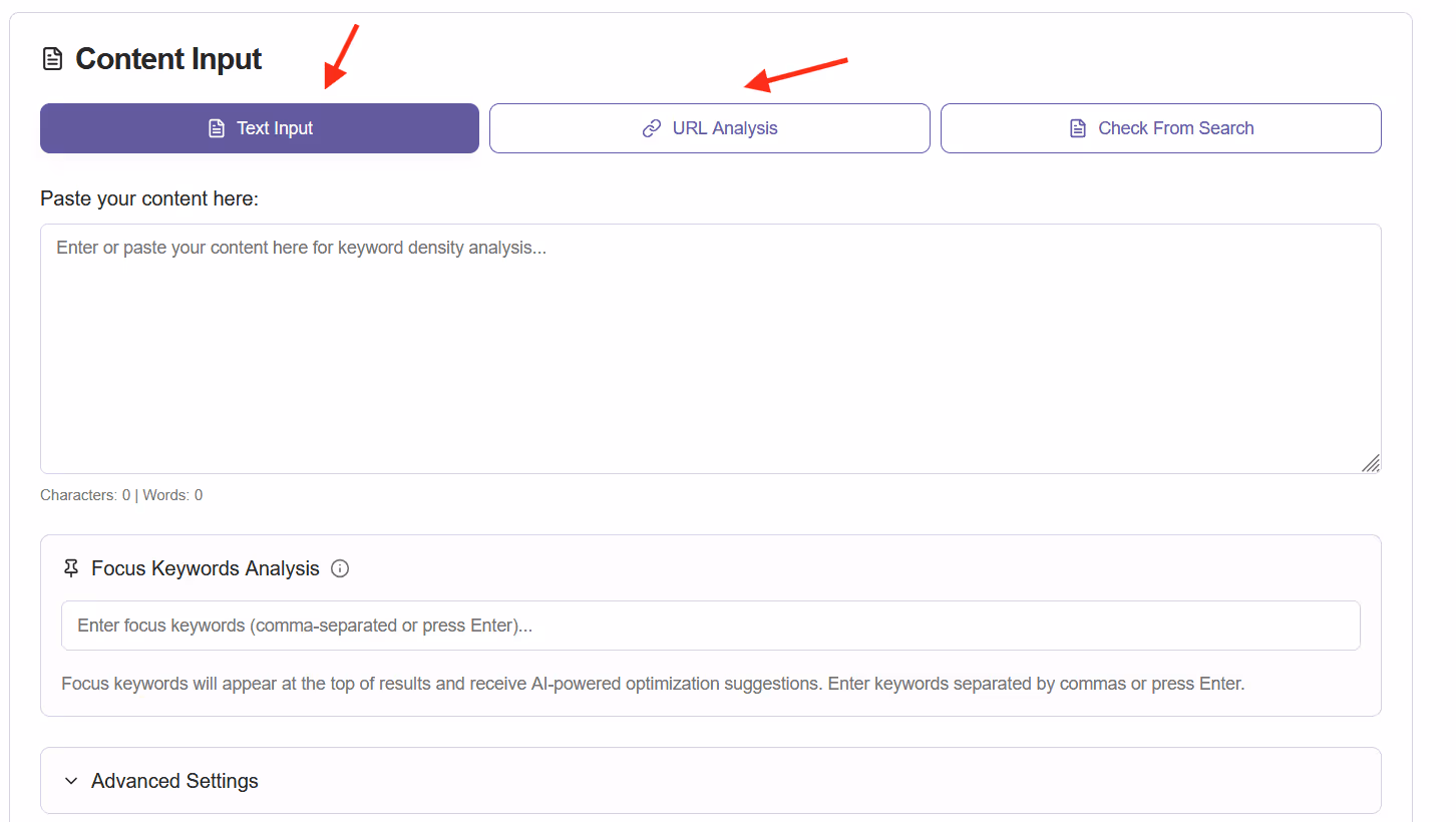 Choose input method – Select Text Input or URL Analysis.