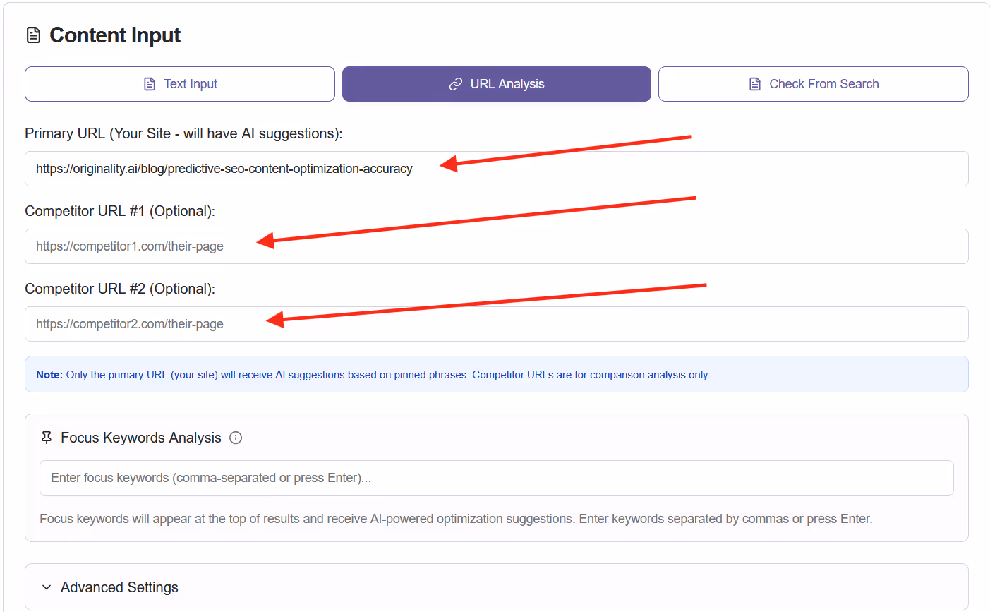 Provide data – Enter text or up to three URLs.