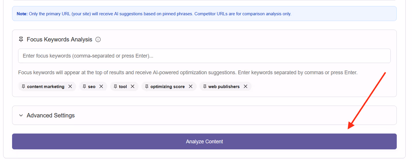 Run analysis – Click “Analyze Content” to generate keyword tables and AI suggestions.