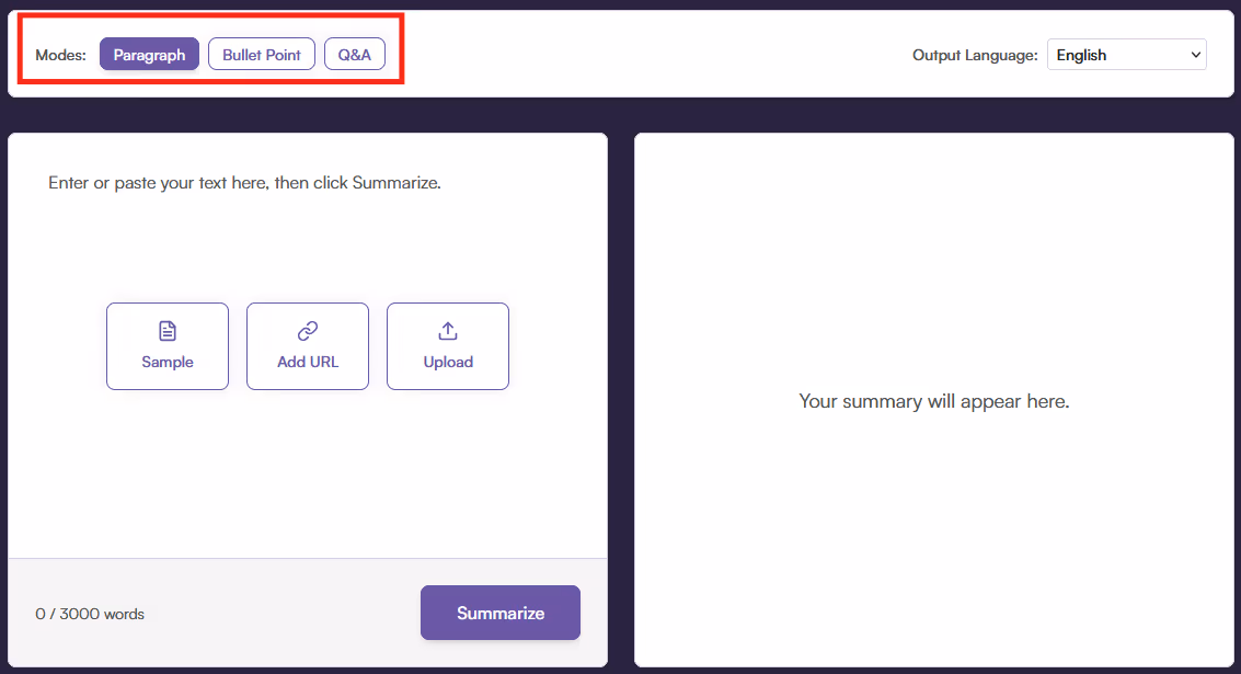 Select summary format - Your options include paragraph, bullet point, and question & answer.