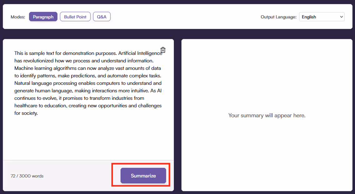 Click summarize - Click summarize and wait for your summary to be generated.