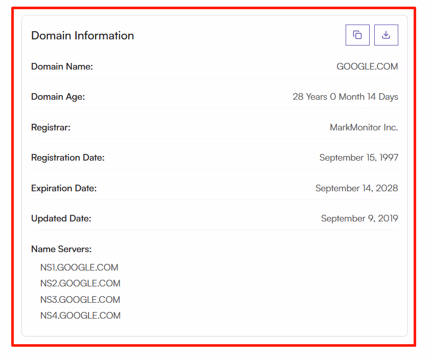 The tool displays a Domain Information card with details: domain name, domain age, registrar, registration date, expiration date, updated date, and name servers
