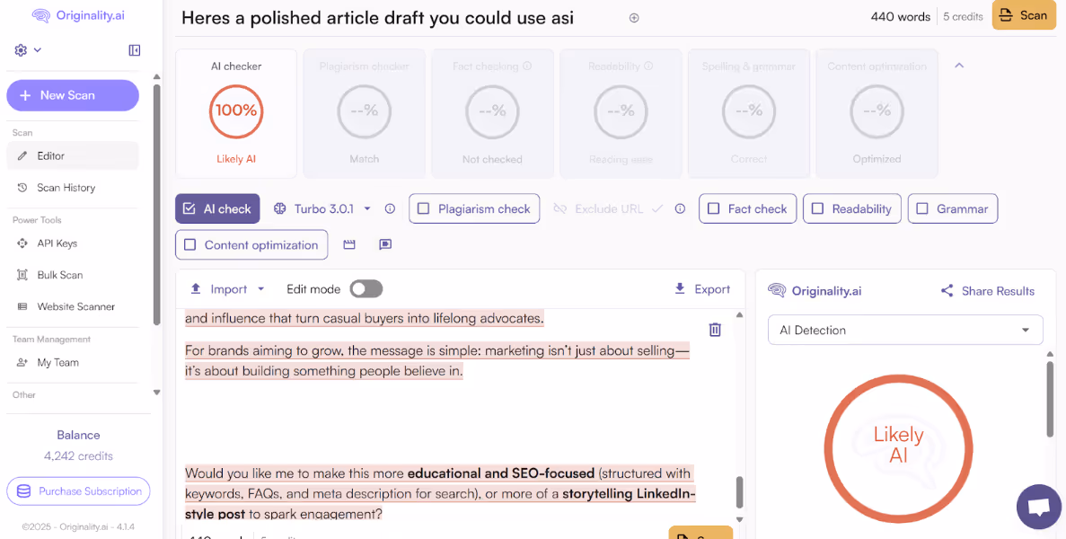 Originality.ai scan of a GPT-5 generated article