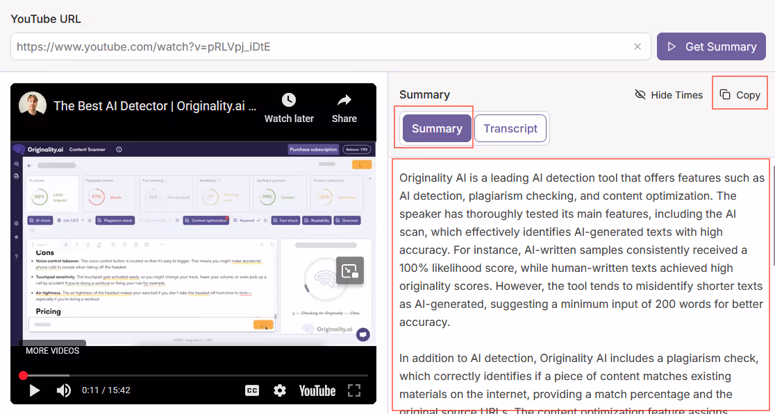 View the timestamped summary