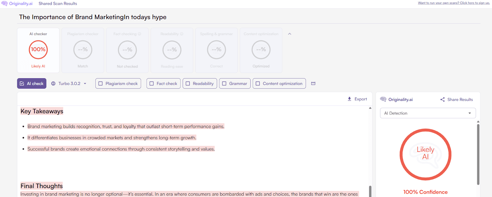 Originality.ai Scan of ChatGPT-generated text