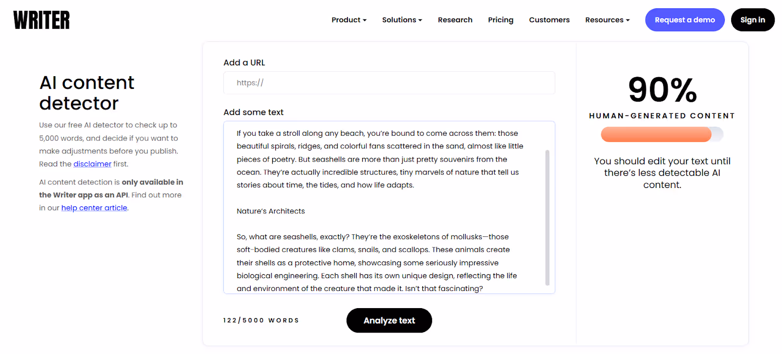 Writer detects the Galaxy AI Essay Humanizer Text as 90% human