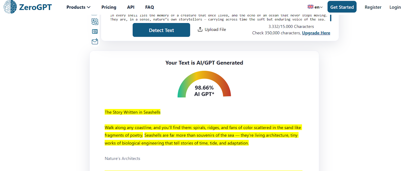 ZeroGPT scores for AI-generated text