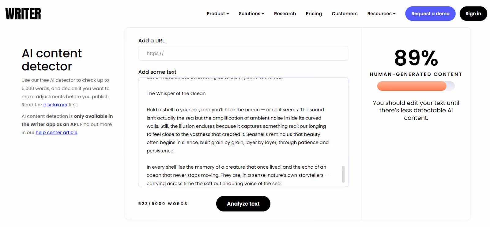 Writer detects the ChatGPT-generated text as 89% human