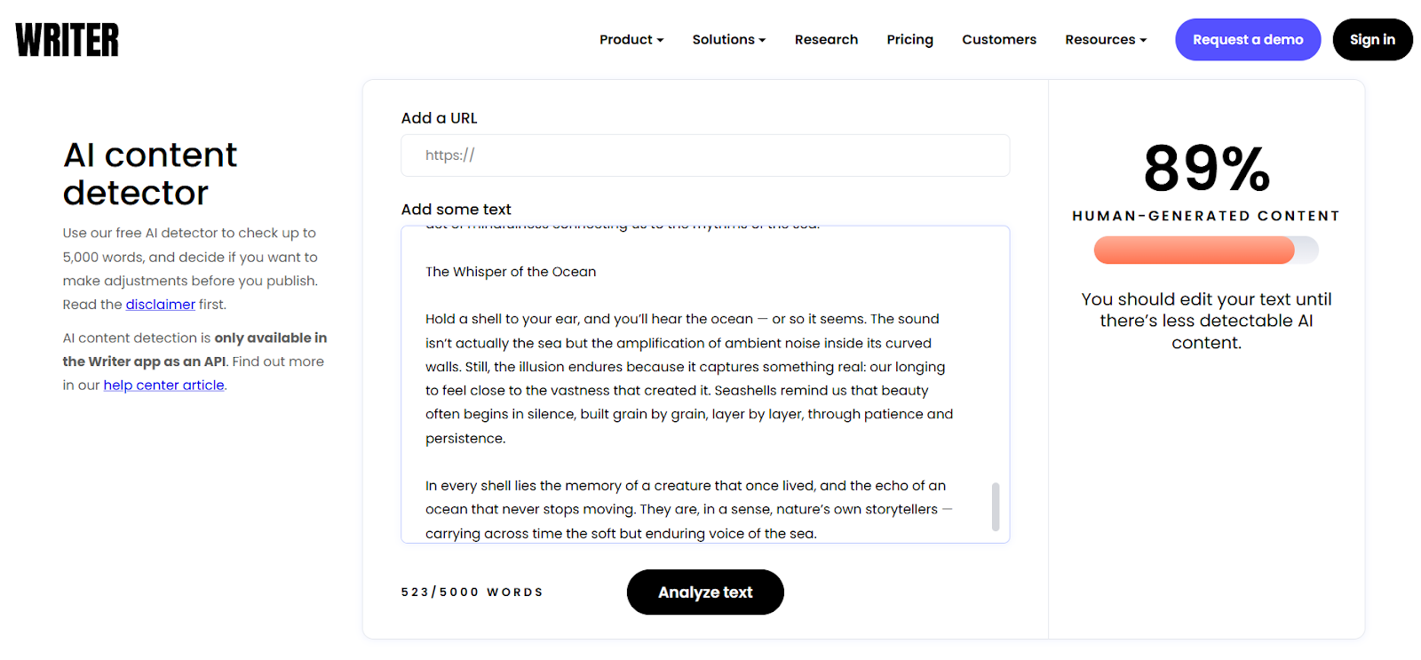 Writer detects the ChatGPT-generated text as 89% human