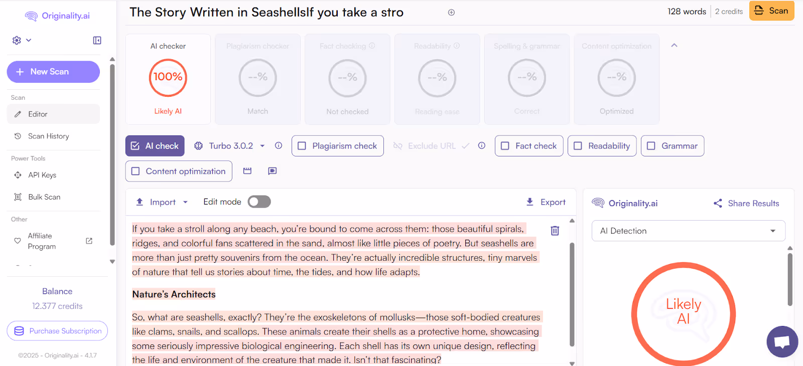 Originality.ai detects the humanized text from Galaxy.ai AI Essay Humanizer with 100% confidence